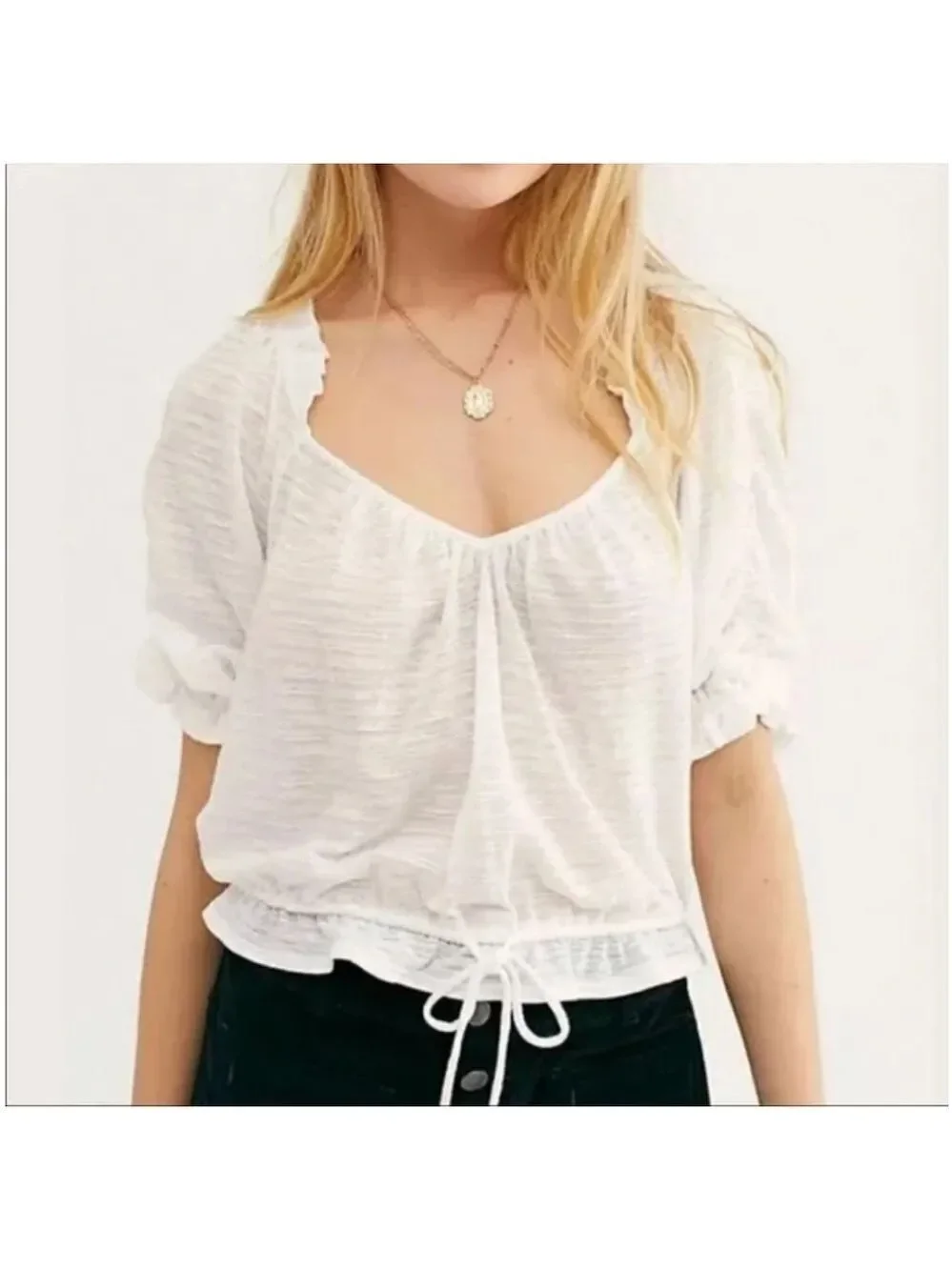 Free People Dorothy Top Cotton blend white puff shirt sleeves drawstring hem L